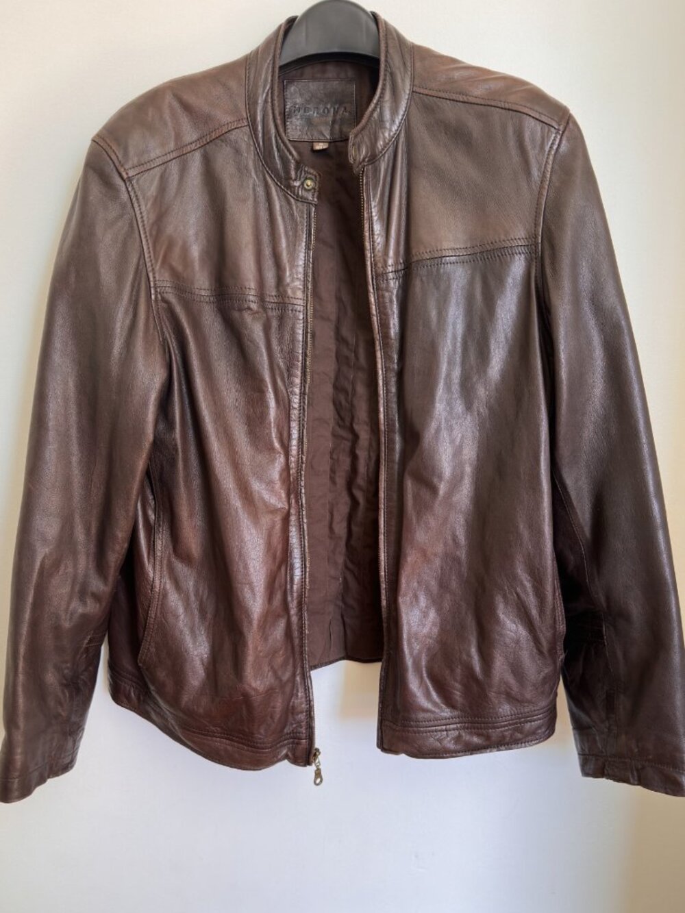 MERONA MEN'S LEATHER JACKET CAFE RACER STYLE DARK BROWN LEATHER SIZE MEDIUM